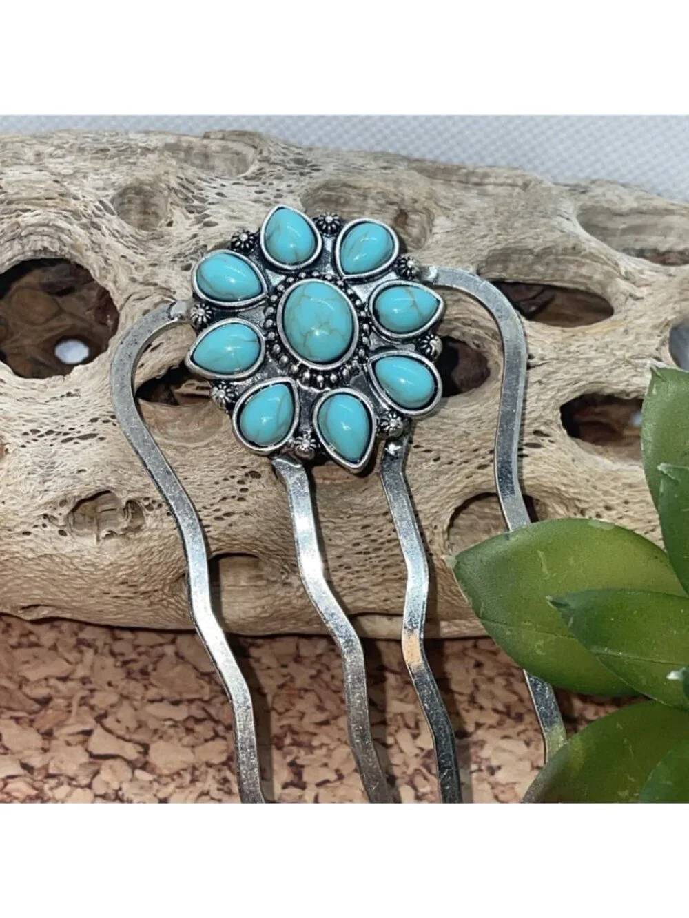 WESTERN Blue TURQUOISE HAIR PIN Clip Silver Southwest Comb Barrette Fall cowgirl